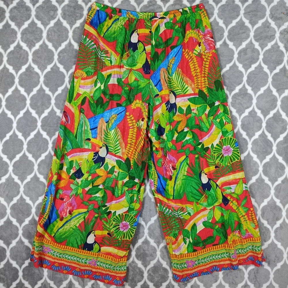 Panama Jack Wide Leg Pants Size XL Tropical Bird Print Resort Drawstring Flowy - Picture 2 of 8